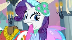 Size: 1280x720 | Tagged: safe, editor:rarity vrymer collective, screencap, rarity, pony, unicorn, a canterlot wedding, g4, season 2, blue eyes, clothes, eyelashes, female, horn, mare, mouth hold, purple mane, solo