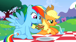 Size: 1280x720 | Tagged: safe, editor:rarity vrymer collective, screencap, applejack, rainbow dash, earth pony, pegasus, pony, a canterlot wedding, g4, season 2, drinking straw, food, glass, multicolored hair, multicolored mane, multicolored tail, picnic blanket, puffy cheeks, sandwich, tail, tree, water