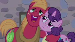 Size: 1280x720 | Tagged: safe, screencap, big macintosh, sugar belle, earth pony, pony, unicorn, g4, hard to say anything, cheek to cheek, cuddling, cute, duo, female, hug, male, mane, mare, mawshot, open mouth, ship:sugarmac, shipping, singing, squishy cheeks, stallion, straight, uvula