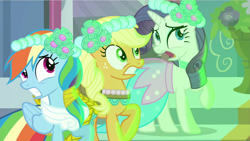 Size: 1280x720 | Tagged: safe, editor:rarity vrymer collective, screencap, applejack, rainbow dash, rarity, earth pony, pegasus, pony, unicorn, a canterlot wedding, g4, season 2, blue eyes, clothes, female, folded wings, freckles, frown, green eyes, gritted teeth, horn, looking at something, mare, multicolored hair, multicolored mane, multicolored tail, open mouth, rainbow hair, raised hoof, shadow, standing, tail, teeth, trio, trio female, wings