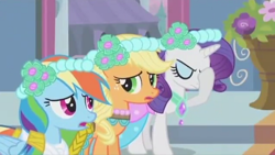 Size: 640x362 | Tagged: safe, editor:rarity vrymer collective, screencap, applejack, rainbow dash, rarity, earth pony, pegasus, pony, unicorn, a canterlot wedding, g4, season 2, clothes, eye contact, eyes closed, facehoof, female, folded wings, freckles, green eyes, horn, looking at each other, mare, multicolored hair, multicolored mane, multicolored tail, open mouth, rainbow hair, shadow, standing, tail, trio, trio female, wings