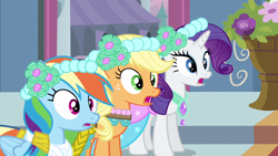 Size: 1280x720 | Tagged: safe, editor:rarity vrymer collective, screencap, applejack, rainbow dash, rarity, earth pony, pegasus, pony, unicorn, a canterlot wedding, g4, season 2, blue eyes, clothes, eyelashes, female, folded wings, freckles, green eyes, horn, looking at something, mare, multicolored hair, multicolored mane, multicolored tail, open mouth, purple mane, rainbow hair, shadow, standing, tail, trio, trio female, wings