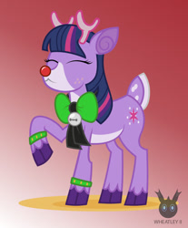 Size: 730x882 | Tagged: safe, artist:wheatley r.h., oc, oc:twi clown, deer, reindeer, :3, birthday gift, bow, christmas, clone, clown nose, cuffs (clothes), cute, eyes closed, female, gradient background, happy, holiday, jingle bells, mare, raised hoof, red nose, reindeerified, solo, species swap, unshorn fetlocks, vector, watermark