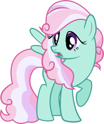 Size: 5508x6543 | Tagged: safe, artist:shootingstarsentry, oc, oc only, oc:lilypad, pegasus, pony, absurd resolution, female, frown, full body, looking back, mare, multicolored mane, multicolored tail, offspring, open mouth, parent:doctor caballeron, parent:fluttershy, parents:caballershy, pegasus oc, purple eyes, raised hoof, show accurate, simple background, solo, spread wings, standing, tail, transparent background, wings