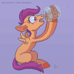 Size: 600x600 | Tagged: safe, artist:yarugreat, scootaloo, pegasus, pony, g4, animated, cartoon physics, cookie, cookie jar, digestion without weight gain, female, food, gif, hammerspace, hammerspace belly, heart, heart eyes, mare, older, older scootaloo, pixel art, purple background, simple background, sitting, solo, spread wings, stuffing, swallowing, this will end in colic, wingding eyes, wings, ych example, your character here