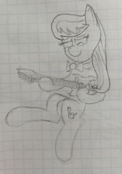 Size: 1840x2632 | Tagged: safe, artist:kanw, octavia melody, earth pony, pony, g4, bowtie, cute, electric guitar, graph paper, guitar, monochrome, musical instrument, newbie artist training grounds, photo, playing guitar, playing instrument, sitting, solo, tavibetes, traditional art