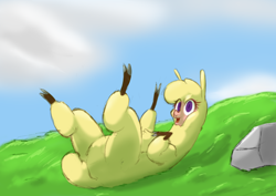 Size: 3048x2160 | Tagged: safe, artist:hitsuji, paprika (tfh), alpaca, them's fightin' herds, cloven hooves, community related, fluffy, grass, high res, lying down, on back, rock, solo