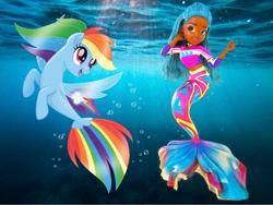 Size: 1000x750 | Tagged: safe, artist:user15432, rainbow dash, mermaid, pegasus, pony, sea pony, seapony (g4), g4, my little pony: the movie, barely pony related, bubble, crossover, duo, fin wings, fins, fish tail, jewelry, mermaid high, mermaid tail, necklace, oceanna (mermaid high), seaponified, seapony rainbow dash, species swap, tail, underwater, wings