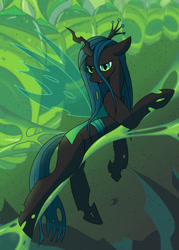 Size: 918x1280 | Tagged: safe, artist:pokeshadow, queen chrysalis, changeling, changeling queen, g4, bug horse, changeling hive, cocoon, crown, fanart, female, jewelry, looking at you, lounging, playing card, regalia