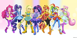 Size: 2200x1100 | Tagged: safe, artist:riouku, applejack, fluttershy, pinkie pie, rainbow dash, rarity, sci-twi, sunset shimmer, twilight sparkle, equestria girls, g4, my little pony equestria girls: better together, super squad goals, boots, braided ponytail, commission, crystal guardian, crystal wings, cute, goggles, high heel boots, humane five, humane seven, humane six, ponied up, ponytail, shoes, super ponied up, wings