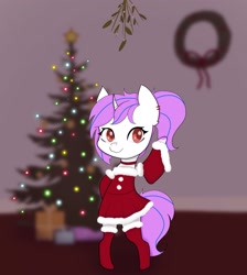 Size: 2459x2739 | Tagged: safe, artist:manta, oc, oc only, oc:purpleflare, pony, unicorn, bipedal, christmas, christmas tree, clothes, cute, ear piercing, earring, femboy, high res, holiday, jewelry, looking at you, male, mistletoe, piercing, present, red eyes, simple background, smiling, smiling at you, solo, standing, stockings, thigh highs, tree, wreath