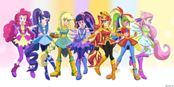 Size: 2200x1100 | Tagged: safe, alternate version, artist:riouku, kotobukiya, applejack, fluttershy, pinkie pie, rainbow dash, rarity, sci-twi, sunset shimmer, twilight sparkle, equestria girls, equestria girls series, g4, super squad goals, boots, braided ponytail, clothes, commission, crystal guardian, crystal wings, goggles, high heel boots, human coloration, humane five, humane seven, humane six, kotobukiya rainbow dash, ponied up, pony ears, ponytail, shoes, tan skin, wings
