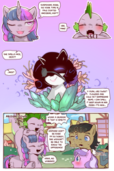Size: 960x1440 | Tagged: safe, artist:cold-blooded-twilight, diamond tiara, filthy rich, rarity, spike, twilight sparkle, dragon, earth pony, pony, unicorn, cold blooded twilight, comic:cold storm, g4, blushing, comic, dialogue, dock, dragons riding ponies, eyepatch, fangs, flower, gem, glowing, glowing eyes, one eye closed, open mouth, ponyville, riding, silhouette, sparkles, speech bubble, tail, underhoof, unicorn twilight, wink