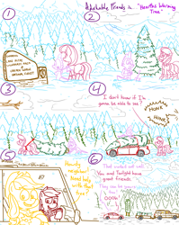 Size: 4779x6013 | Tagged: safe, artist:adorkabletwilightandfriends, apple bloom, applejack, big macintosh, lily, lily valley, spike, dragon, earth pony, pony, comic:adorkable twilight and friends, g4, adorkable, adorkable friends, axe, boots, butt, car, christmas, christmas tree, clothes, coat, comic, cute, dodge (car), dodge dart, dork, dragging, female, forest, friendship, hearth's warming, hearth's warming tree, hiking, holiday, jeep, jeep wagoneer, kindness, lilybetes, love, male, mare, mountain, nature, perspective, plot, scarf, scenery, ship:lilyspike, shipping, shoes, sign, snow, snow flurries, straight, suv, tree, weapon, wholesome, winter, winter outfit, winter wonderland