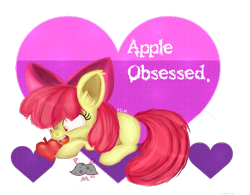 Size: 2259x1758 | Tagged: safe, artist:polkadottedmustache, apple bloom, earth pony, pony, g4, apple, female, filly, food, heart, obsessed, simple background, solo, transparent background