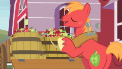 Size: 1920x1080 | Tagged: safe, screencap, big macintosh, earth pony, pony, g4, hard to say anything, animated, apple, barrel, big backintosh, bipedal, bipedal leaning, butt, eeyup, food, gif, leaning, male, out of context, plot, pushing, solo, stallion, yup