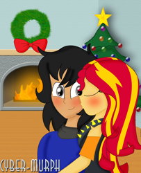 Size: 1616x1992 | Tagged: safe, artist:cyber-murph, sunset shimmer, oc, oc:the deafhorse, equestria girls, g4, blushing, canon x oc, cheek kiss, christmas, christmas tree, commission, cute, eyes closed, fire, fireplace, hearth's warming, holiday, hug, kissing, living room, signature, tree, wreath