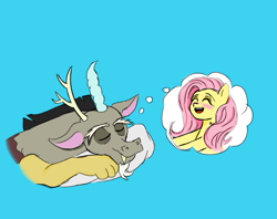 Size: 1207x955 | Tagged: safe, discord, fluttershy, draconequus, pegasus, pony, g4, blue background, female, implied discoshy, implied shipping, implied straight, male, simple background, solo, thought bubble