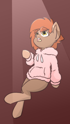 Size: 918x1626 | Tagged: safe, artist:sneetymist, oc, oc only, oc:soft coffee, earth pony, pony, blank flank, bottomless, clothes, coat markings, female, fluffy, fluffy sweater, hoodie, light, mare, no tail, open mouth, partial nudity, simple background, socks (coat markings)