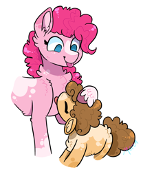 Size: 1544x1857 | Tagged: safe, artist:moccabliss, pinkie pie, oc, oc:cake pop, pony, g4, offspring, parent:cheese sandwich, parent:pinkie pie, parents:cheesepie, simple background, tongue out, white background