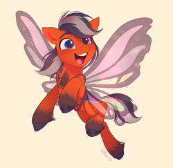 Size: 2592x2523 | Tagged: safe, artist:imalou, oc, oc only, pony, blue eyes, butterfly wings, commission, high res, open mouth, orange mane, simple background, smiling, solo, unshorn fetlocks, wings