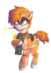 Size: 4960x7016 | Tagged: safe, artist:dankflank, oc, oc only, oc:kiva, gynoid, pony, robot, robot pony, 2022 community collab, derpibooru community collaboration, clothes, drink, female, looking at you, scarf, simple background, solo, standing, transparent background