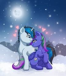 Size: 1296x1500 | Tagged: safe, artist:avui, oc, oc only, oc:lishka, oc:solar gizmo, pegasus, pony, unicorn, blushing, commission, couple, cute, duo, eyebrows, eyelashes, female, heart, horn, looking at each other, love, male, moon, pegasus oc, simple background, smiling, smiling at each other, snow, snowfall, tail, two toned mane, two toned tail, unicorn oc, your character here