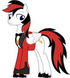 Size: 1259x1412 | Tagged: safe, artist:virgil pony, oc, oc only, oc:flash, pegasus, pony, 2022 community collab, derpibooru community collaboration, blue eyes, bowtie, clothes, folded wings, full body, male, medallion, pegasus oc, red and black mane, simple background, smiling, solo, stallion, standing, suit, tail, transparent background, two toned mane, two toned tail, unshorn fetlocks, wings