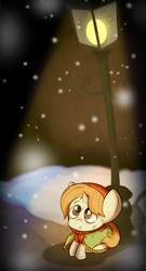 Size: 583x1080 | Tagged: safe, artist:cookieboy011, the little match filly, pony, unicorn, big ears, female, filly, snow, snowfall, solo, streetlight