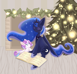 Size: 2500x2400 | Tagged: safe, artist:paintinca, princess flurry heart, princess luna, alicorn, pony, g4, auntie luna, book, christmas, christmas tree, cute, duo, ethereal mane, eyes closed, female, filly, fireplace, high res, holiday, hoof shoes, mare, reading, sitting, starry mane, starry tail, tail, tree