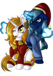 Size: 2894x4093 | Tagged: safe, artist:julunis14, oc, oc only, oc:aurora shinespark, oc:novus flux, pony, unicorn, 2022 community collab, derpibooru community collaboration, clothes, cute, earmuffs, ears back, evil grin, eyeshadow, freckles, grin, hat, leg warmers, magic, magic aura, makeup, no source available, one eye closed, scarf, simple background, smiling, sneak attack, snow, snowball, sweater, this will not end well, transparent background, wink