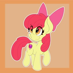 Size: 4000x4000 | Tagged: safe, artist:mrneo, apple bloom, earth pony, pony, g4, abstract background, absurd resolution, adorabloom, apple bloom's bow, bow, cute, eye clipping through hair, eyebrows, eyebrows visible through hair, female, filly, full body, hair bow, red mane, red tail, smiling, solo, tail