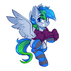 Size: 1280x1280 | Tagged: safe, artist:star-theft, oc, oc only, pegasus, pony, clothes, commission, hoodie, male, simple background, smiling, socks, solo, spread wings, stallion, stockings, striped socks, thigh highs, transparent background, wings