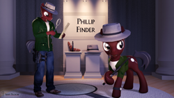 Size: 3840x2160 | Tagged: safe, artist:seriff-pilcrow, oc, oc only, oc:phillip finder, earth pony, anthro, plantigrade anthro, 3d, anthro ponidox, baton, boomerang, clothes, curtains, detective, fishing vest, gun, handgun, hat, high res, holster, jeans, magnifying glass, male, pants, pedestal, police baton, revolver, rug, self ponidox, shoes, source filmmaker, trilby, watch, weapon