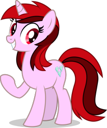 Size: 1721x2051 | Tagged: safe, artist:starcollider, derpibooru exclusive, oc, oc only, oc:double red, pony, unicorn, 2022 community collab, derpibooru community collaboration, female, looking at you, mare, raised hoof, recolor, simple background, smiling, solo, transparent background, vector
