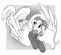 Size: 4096x3742 | Tagged: safe, artist:opalacorn, oc, oc only, pegasus, pony, clothes, commission, female, goggles, grayscale, headphones, hoodie, mare, monochrome, smiling, solo, spread wings, wings