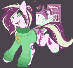 Size: 3774x3520 | Tagged: safe, artist:beardie, oc, oc only, oc:stardust trails, pegasus, pony, clothes, ear fluff, female, green eyes, hair accessory, happy, high res, hooves, leg fluff, mare, pegasus oc, poster, smiling, striped mane, sweater, text, unshorn fetlocks