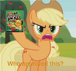 Size: 598x556 | Tagged: safe, artist:gbillustrations, edit, edited screencap, editor:thegamerpainter, screencap, applejack, earth pony, pony, g4, too many pinkie pies, 1000 hours in ms paint, angry, apple, apple jacks, apple tree, asking, caption, cereal, food, hoof hold, image macro, namesake, open mouth, parody, pun, solo, text, text edit, tree, uvula, visual pun