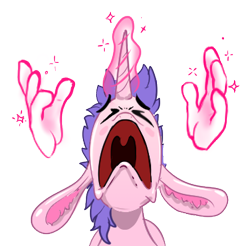 Size: 369x363 | Tagged: safe, artist:xbi, oc, oc only, oc:lapush buns, bunnycorn, pony, unicorn, bunny ears, bwah, chin up, disappointed, dramatic, hand, magic, magic hands, open mouth, sad, simple background, solo, sticker, transparent background