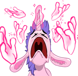 Size: 369x363 | Tagged: safe, alternate version, artist:xbi, oc, oc only, oc:lapush buns, bunnycorn, pony, unicorn, bunny ears, bwah, chin up, disappointed, dramatic, hand, magic, magic hands, open mouth, sad, simple background, solo, sticker, transparent background