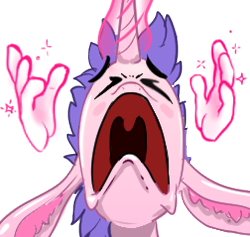 Size: 252x239 | Tagged: safe, alternate version, artist:xbi, oc, oc only, oc:lapush buns, bunnycorn, pony, unicorn, bunny ears, bwah, chin up, disappointed, dramatic, hand, magic, magic hands, open mouth, sad, simple background, solo, sticker, transparent background