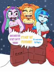 Size: 3000x4000 | Tagged: safe, artist:c_w, adagio dazzle, aria blaze, sonata dusk, equestria girls, blushing, breasts, busty sonata dusk, chimney, christmas, cleavage, clothes, collar, costume, dialogue, eyelashes, eyes closed, eyeshadow, holiday, holly, jingle bells, makeup, open mouth, santa costume, sexy, sexy santa costume, snow, speech bubble, stuck, the dazzlings