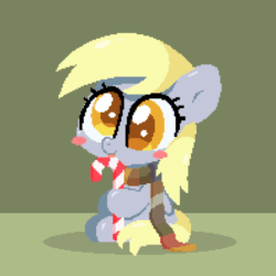 Size: 1000x1000 | Tagged: safe, artist:sugar morning, derpy hooves, pegasus, pony, g4, animated, blinking, blushing, candy, candy cane, clothes, cute, derpabetes, female, food, gif, idle animation, licking, mare, pixel art, scarf, simple background, sitting, solo, tongue out