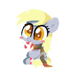 Size: 1000x1000 | Tagged: safe, alternate version, artist:sugar morning, derpy hooves, pegasus, pony, g4, animated, blushing, breathing, candy, candy cane, clothes, cute, derpabetes, food, gif, idle animation, licking, pixel art, scarf, simple background, sitting, solo, tongue out, transparent background