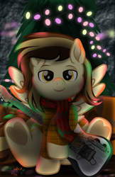 Size: 818x1261 | Tagged: safe, artist:php178, derpibooru exclusive, oc, oc only, oc:prince whateverer, pegasus, pony, .svg available, brown eyes, brown mane, brown tail, christmas, christmas lights, christmas tree, colored pupils, content, cute, electric guitar, fender telecaster, gift art, gold, golden eyes, guitar, happy, heart, highlights, holiday, hoof heart, hoof hold, hooves up, iridescence, looking at you, male, merry christmas, missing accessory, movie accurate, musical instrument, musician, nc-tv signature, ocbetes, pegasus oc, pine tree, ponified music artist, present, raised hoof, raised leg, reflection, signature, sitting, smiling, smiling at you, solo, spread wings, stallion, stallion oc, style emulation, svg, tail, texture, textured background, tree, two toned mane, two toned tail, vector, wall, wings, wooden floor