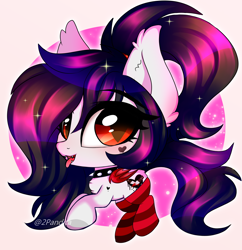 Size: 2992x3096 | Tagged: safe, artist:2pandita, oc, bat pony, pony, chibi, choker, clothes, female, high res, mare, socks, solo, spiked choker, stockings, striped socks, thigh highs