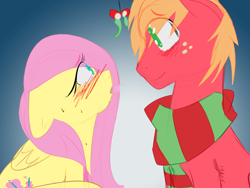 Size: 1024x768 | Tagged: safe, artist:askscarlettears, color edit, edit, big macintosh, fluttershy, earth pony, pegasus, pony, g4, blushing, clothes, colored, colored sketch, female, looking at each other, looking at someone, male, mare, mistletoe, scarf, ship:fluttermac, shipping, sketch, smiling, stallion, straight
