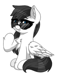 Size: 900x1200 | Tagged: safe, artist:rieyadraws, derpibooru exclusive, oc, oc only, oc:jet blast, pegasus, pony, 2022 community collab, derpibooru community collaboration, blue eyes, chest fluff, ear fluff, female, gritted teeth, hoof fluff, simple background, smiling, solo, sunglasses, transparent background, wing fluff, wings