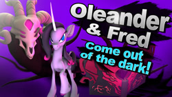 Size: 1280x720 | Tagged: safe, artist:pika-robo, fhtng th§ ¿nsp§kbl, oleander (tfh), demon, pony, unicorn, them's fightin' herds, 3d, book, character reveal, community related, female, looking at you, male, purple background, simple background, source filmmaker, splash art, super smash bros., unicornomicon