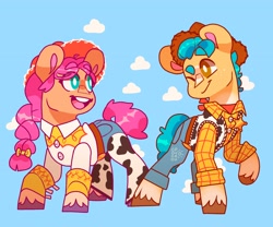 Size: 3000x2500 | Tagged: safe, artist:cocopudu, hitch trailblazer, sunny starscout, earth pony, pony, g5, my little pony: a new generation, spoiler:my little pony: a new generation, blue background, clothes, cloud, cosplay, costume, cowboy hat, crossover, duo, female, hat, high res, jessie (toy story), male, mare, one eye closed, open mouth, open smile, simple background, smiling, stallion, toy story, unshorn fetlocks, white pupils, wink, woody
